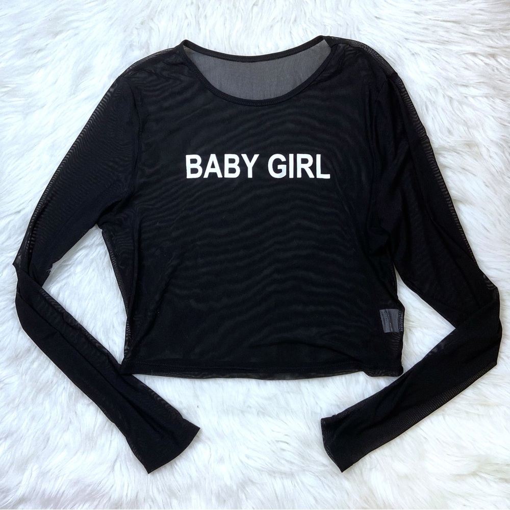 5x$25 “Baby Girl” Black Full Mesh Long Sleeve Top